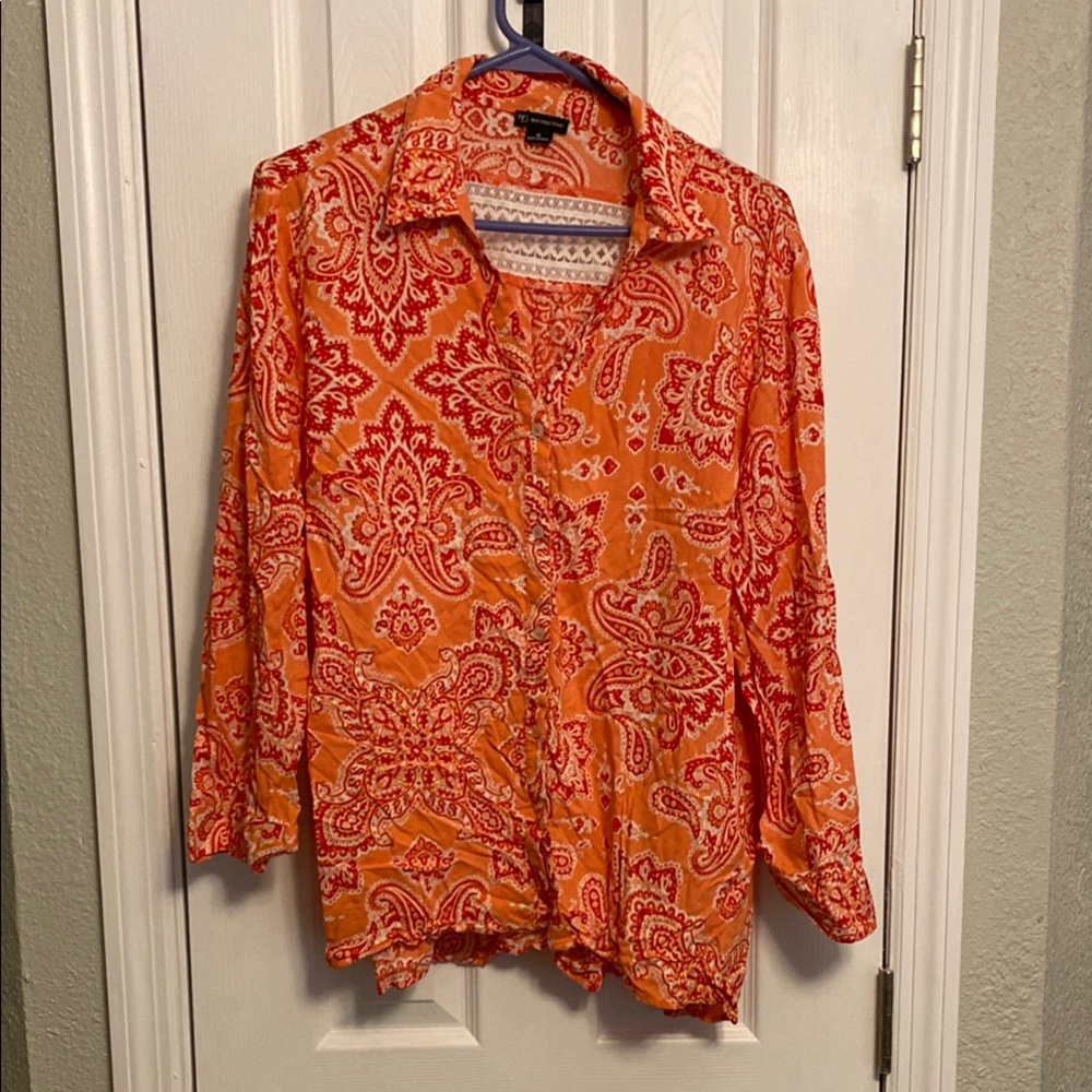 New Directions Vibrant Orange Paisley Shirt